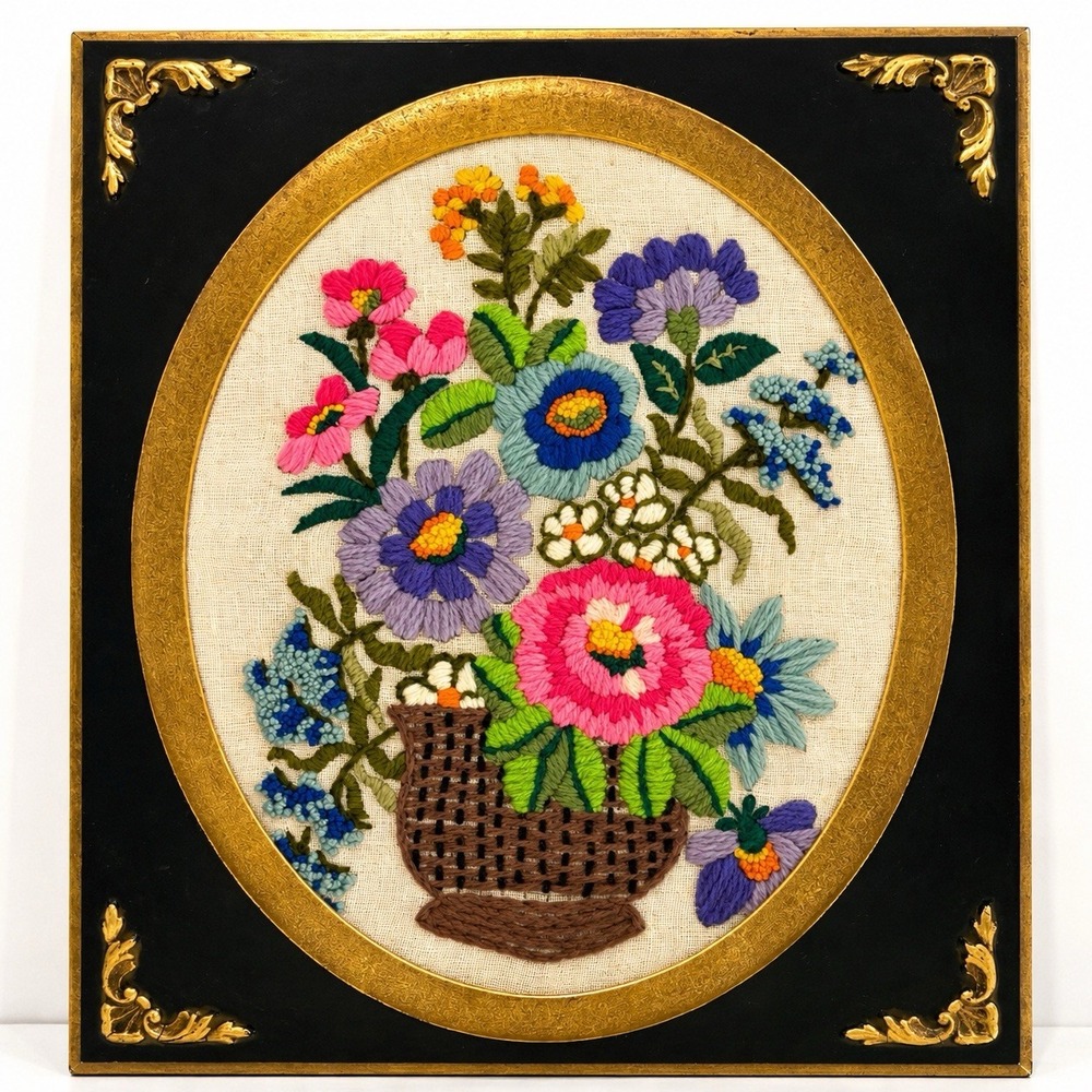 Vintage 1970s Crewel Embroidery Floral Basket Framed Wall Art Black Gold 16"